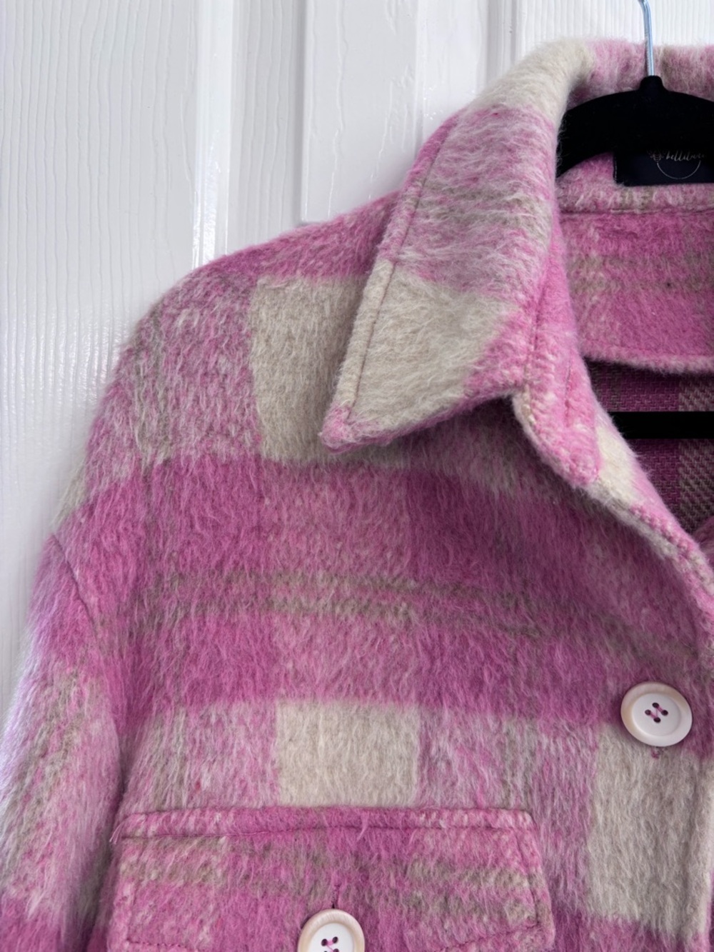 billitodu Pink Plaid Fuzzy Longline Shacket Coatigan - SIZE S (OVERSIZED) - Picture 7 of 16